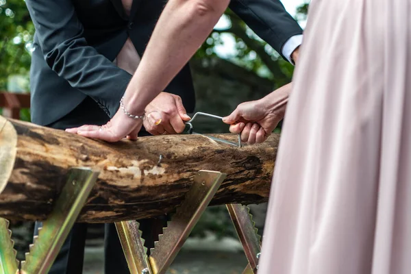 Young Bridal Couple Groom Bride Sawing Tree Trunk Together German — Stock Photo, Image