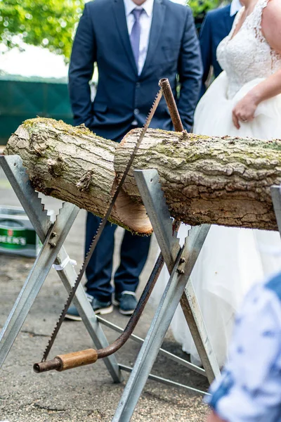 若いブライダルカップル新郎新婦一緒に木の幹を見たドイツの結婚式の伝統 — ストック写真