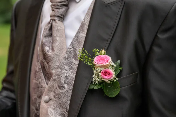 Pink Rose Boutonniere Flower Groom Wedding Coat Tie Shirt — Stock Photo, Image