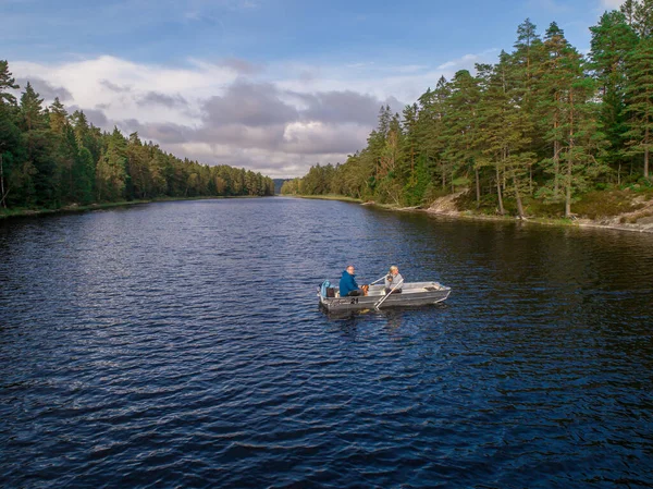 Aerial Footage Couple Kayaking Boat Tour Lake Ragnerudssjoen Dalsland Sweden — Stock Photo, Image