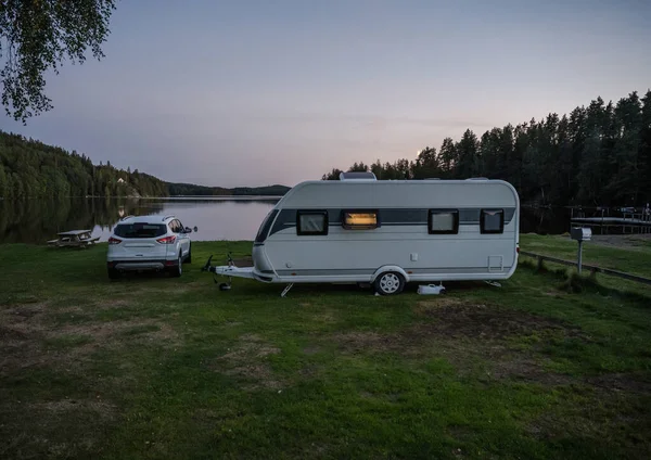Night Campsite Camping Caravan Lake Ragnerudssjoen Dalsland Sweden Beautiful Nature — Stock Photo, Image