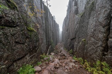 İsveç 'te bulutlu bir günde Skuleskogen Ulusal Parkı' ndaki Slattdalskrevan Kanyonu Kaya Yarığı