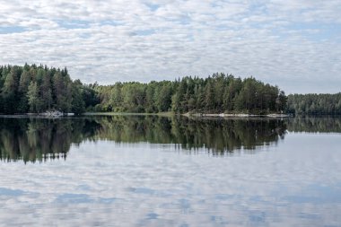 Dalsland İsveç 'teki Ragnerudsjoen Gölü aynası. Güzel doğa ormanı çam ağacı..