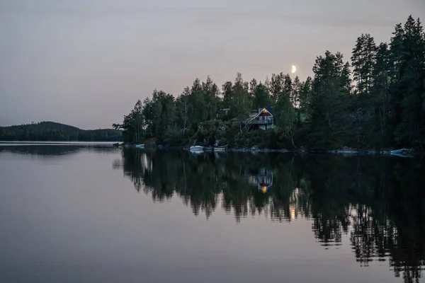 Nattehimmel Ved Søen Ragnerudssjoen Dalsland Sverige Smuk Naturskov Pinetree - Stock-foto
