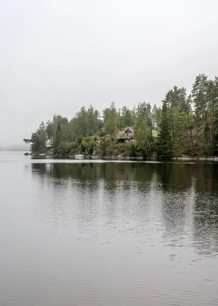 ダルランドのラグナーデスカ湖 スウェーデン 美しい自然林のピネツリー スウェーデンの家 — ストック写真