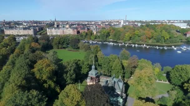 Panorama Van Stockholm Stad Een Zonnige Dag Pretpark Grona Lund — Stockvideo
