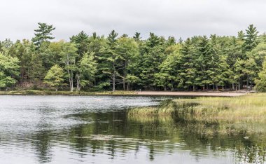 Kejimkujik Ulusal Parkı 'nda sabah sisinde nehir ve adalar kano gezisi Nova Scotia Kanada.