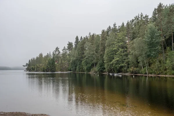 Lago Ragnerudssjoen Dalsland Suecia Hermosa Naturaleza Bosque Pinetree Casas Suecas —  Fotos de Stock