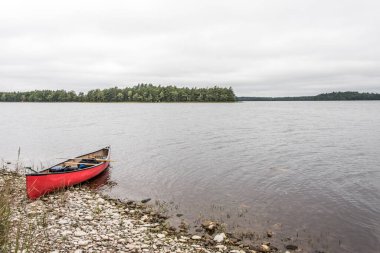 Kejimkujik Ulusal Parkı 'nda sabah sisinde nehir ve adalarda kano gezintisi Nova Scotia Kanada olarak belirlendi..