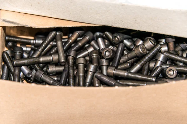 Cardboard Box Small Construction Storage Compartments Filled Screws Nuts Bolts — Stock Photo, Image