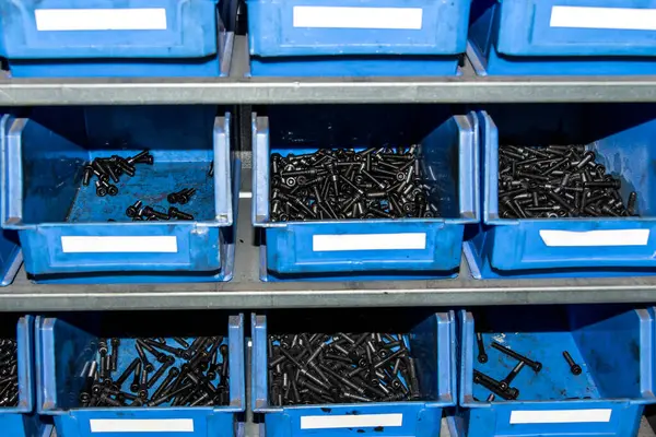 Blue Box Small Construction Storage Compartments Filled Screws Nuts Bolts — Stock Photo, Image