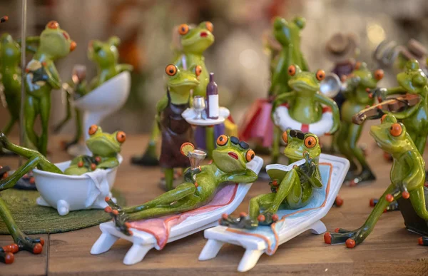 Set Decoration Ceramic Frogs Various Funny Poses Home Garden — Stock Photo, Image