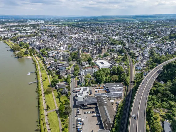 Andernach, Germany - Aerial view of the town of Andernach by the famous Rhine river in summer on a sunny day.