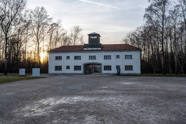 Main security building, entrance at Dachau concentration camp in Dachau, Germany.