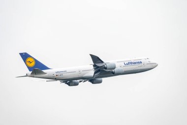 Frankfurt Germany 11.08.19 Lufthansa Boeing 747-830 - B748 departure at Fraport Airport D-ABYD. clipart
