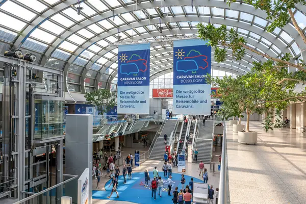 Duesseldorf Germany 2019 Banners Hang Glass Roof Saying German Worlds — Stock Photo, Image