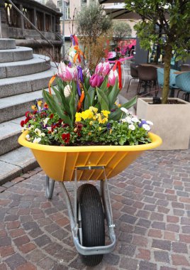 Paskalya kurdeleleri ve yumurtalarla süslenmiş bahar çiçekleri ve laleler sarı bir el arabasına dikilmiş. Bir şehir merkezinde şenlikli şehir dekorasyonu.