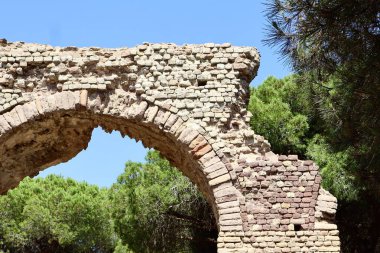 Kısmen harap olmuş antik bir taş kemer yolunun yakından görüntüsü, ayrıntılı tuğlalar ve aşınmış dokular sergileniyor, yeşil çam ağaçları ve mavi gökyüzü tarafından çerçevelenmiş..