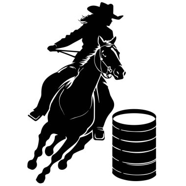 Barrel Racing Design with Female Horse and Rider Silhouette Image Black and White clipart