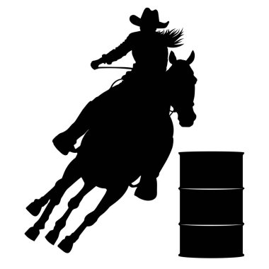 Barrel Racing Design with Female Horse and Rider Silhouette Image Black and White clipart