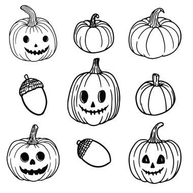 Balkabağı ve Jack O Lantern Meşe Palamudu Ürkütücü ve Şirin Vektörlü Simge