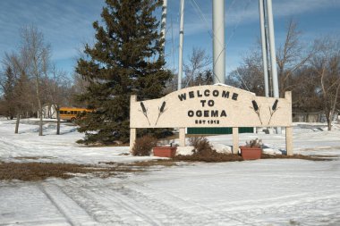 Kışın Ogema şehrine. Kanada 'nın Saskatchewan kentindeki kar örtülü kış manzarasına karşı ikonik Ogema su kulesinin sakin bir görüntüsü. Yüksek kalite 4k görüntü