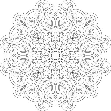 Çok sayıda küçük elementi olan karmaşık dairesel mandala vektör çizimi. Ayrıntılı boyama kitapları ve karmaşık arkaplan tasarımları için ideal.