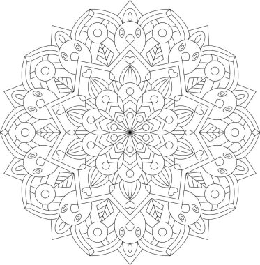 Belirgin bir merkezi elemente sahip çiçek mandala vektör illüstrasyonunu detaylandır. Odaklanmış boyama kitapları ve karmaşık dekoratif tasarımlar için ideal