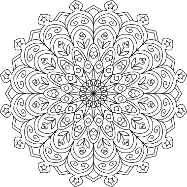 Siyah ve beyaz simetrik bir mandala tasarımı. Şekillendirilmiş çiçek elementleri, girdap çizgileri ve bir yıldız şekli içeriyor. Renklendirme, sanatsal ifade ve dekoratif tasarım projeleri için ideal
