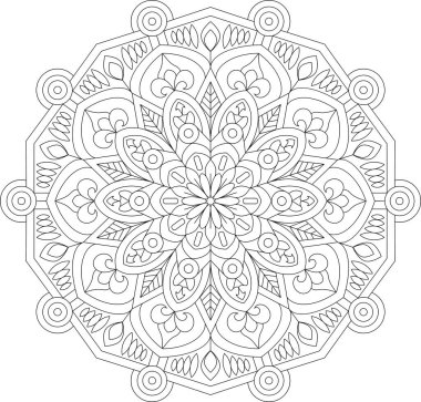 Etnik çiçek çizgileri olan tek renkli mandala tasarımı, renklendirme, farkındalık pratikleri, kutsal sanat ve siyah-beyaz dekor temaları için harika.