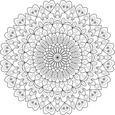 Etnik çiçek çizgileri olan tek renkli mandala tasarımı, renklendirme, farkındalık pratikleri, kutsal sanat ve siyah-beyaz dekor temaları için harika.