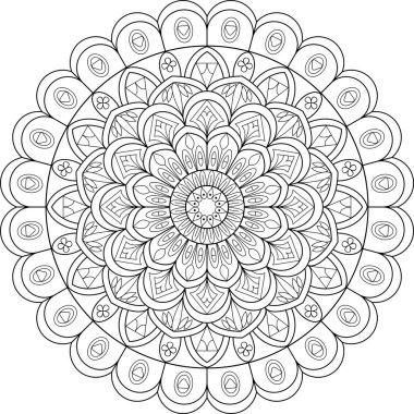 Etnik çiçek çizgileri olan tek renkli mandala tasarımı, renklendirme, farkındalık pratikleri, kutsal sanat ve siyah-beyaz dekor temaları için harika.
