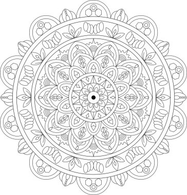 Detaylı siyah-beyaz mandala vektör sanatı geometrik ve çiçekli elementler, renk ve ruhani tasarımlar için mükemmel
