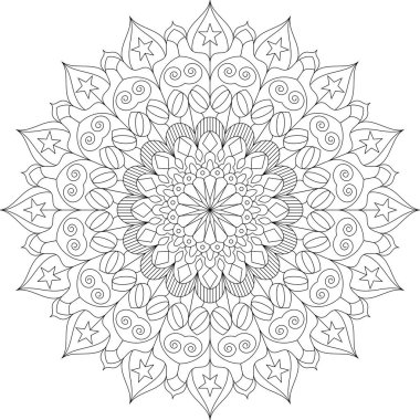 Renkli ve ruhani temalar için çiçekli, yıldızlı ve spiral desenli siyah beyaz mandala vektörü.