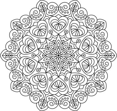 Karmaşık siyah-beyaz mandala çizimi, simetrik kalpler, yapraklar ve sarmal desenler. Yetişkin boyama kitapları, meditasyon, dekoratif projeler veya sakin ve karmaşık estetik tasarımlar için idealdir..