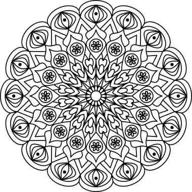 Renklendirme, meditasyon ve dekoratif amaçlar için soyut mandala vektörü. Bu karmaşık illüstrasyon, rahatlama, stres atma ve yaratıcı ifade için ideal geometrik ve çiçek desenleri içerir.. 