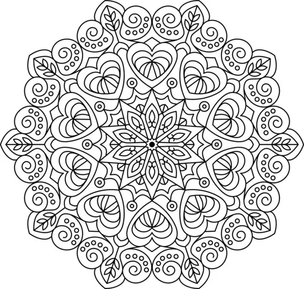 Karmaşık siyah-beyaz mandala çizimi, simetrik kalpler, yapraklar ve sarmal desenler. Yetişkin boyama kitapları, meditasyon, dekoratif projeler veya sakin ve karmaşık estetik tasarımlar için idealdir..