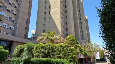 Vahşi mimari bina canlı mavi gökyüzüne karşı dimdik duruyor, bir palmiye ağacı şehir manzarasına biraz doğa katıyor.