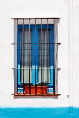 Canlı bir mavi pencere, çiçek saksılarıyla bezenmiş ve metal parmaklıklarla korunmuş, basit ama çekici bir Akdeniz tarzını somutlaştıran beyaz bir duvara karşı tezat oluşturuyor.