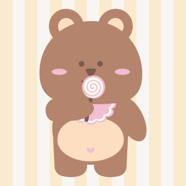 Tatlı Kawaii Bebek Ayı Lolipop Yiyen Tatlı Pastel Şeker Çizimi