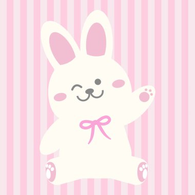 Şirin Kawaii Paskalya Tavşanı Pembe Fiyonk Sevimli Pastel İlkbahar İllüstrasyonuyla Oturuyor