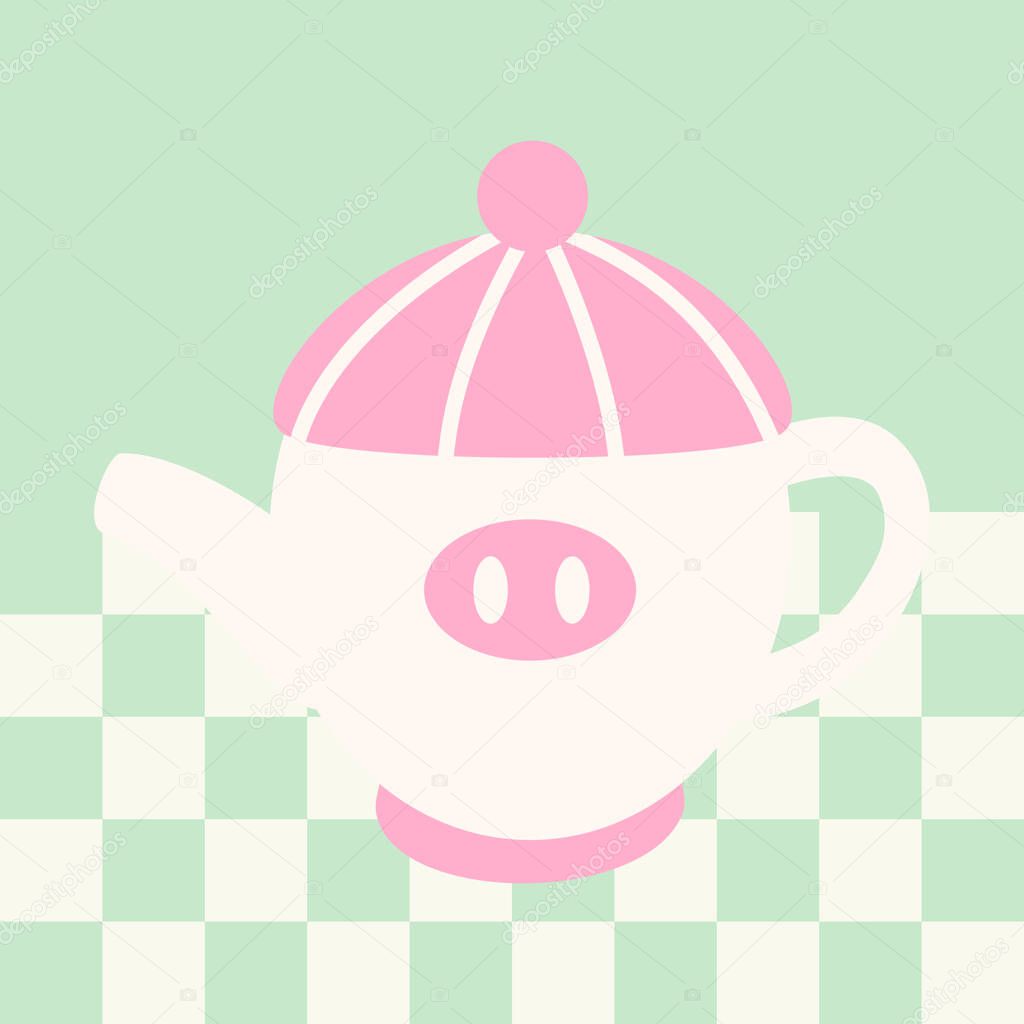 Cute Kawaii Pig-Themed Teapot with Pink Lid  Adorable Pastel Tea Party Illustration