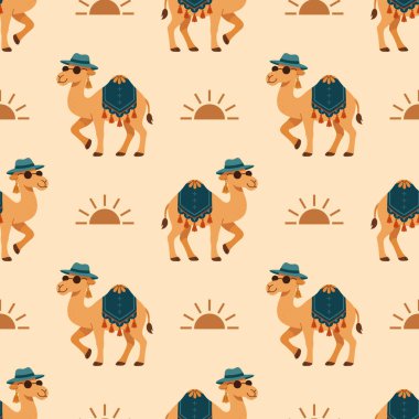 Kusursuz deve desenli şirin çizgi film devesi Boho Safari stilinde Şapka ve Günbatımı