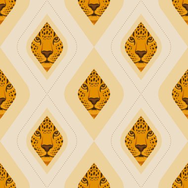 Geometrik Leopar Kusursuz Şekilsiz Vahşi Kedi Yüzü Tasarımı Dünya Tonlarında Elmas Motifli