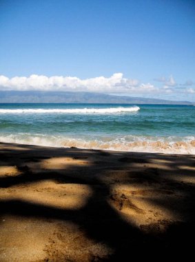 Hawaii 'de kumsalda gölgeli güneşli bir tropik plaj ufukta mavi bir gökyüzü bulutu ve nazik dalgalar.