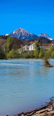 Arka planda karla kaplı tepeler ve berrak mavi gökyüzünü yansıtan sakin bir göl ile dağlık bir manzaranın çarpıcı bir görüntüsü. Ön plandaki yemyeşil bitki örtüsü sahneye canlı bir dokunuş katıyor. Barış ve bağlantı kurmak için ideal 