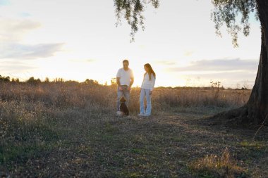 Bir çift, gün batımında köpekleriyle birlikte bir tarlada huzurlu ve huzurlu bir anın tadını çıkarıyor.