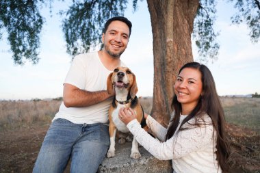 Neşeli bir çift güzel bir ağacın altında sevimli köpekleri ile mutlu bir şekilde poz verir.