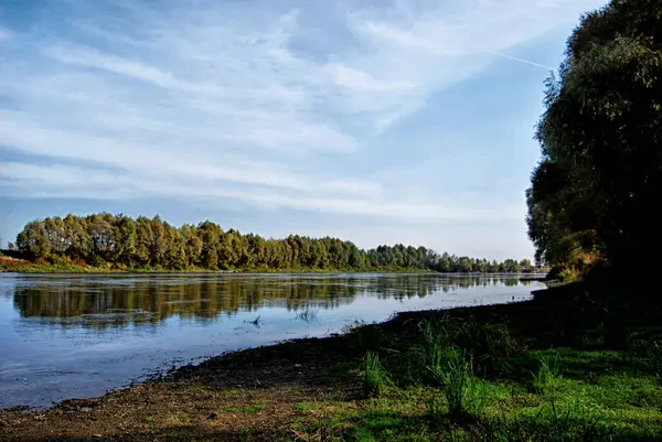 Arkasında ağaçlar ve ormanlar olan güzel bir nehir.