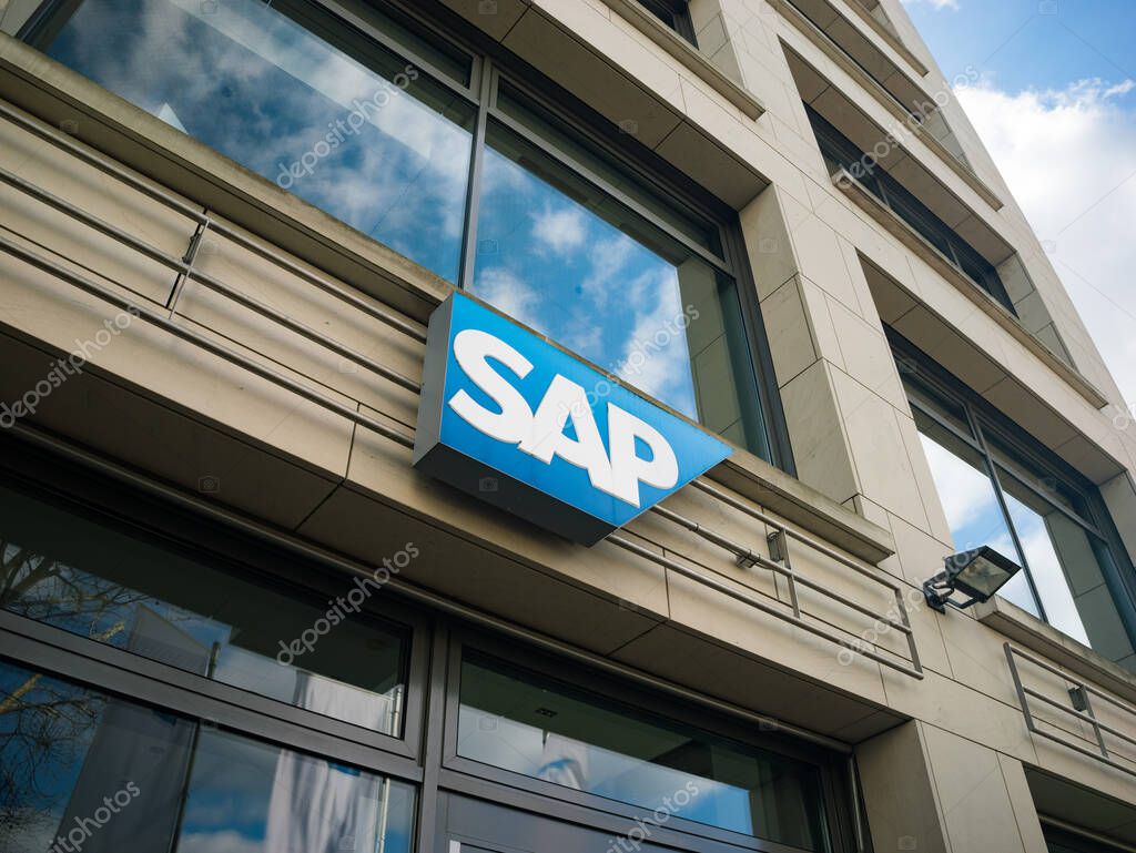 DRESDEN, GERMANY - 6. April 2025: SAP logo sign on an office building exterior. German software and technology company offering corporate solutions.